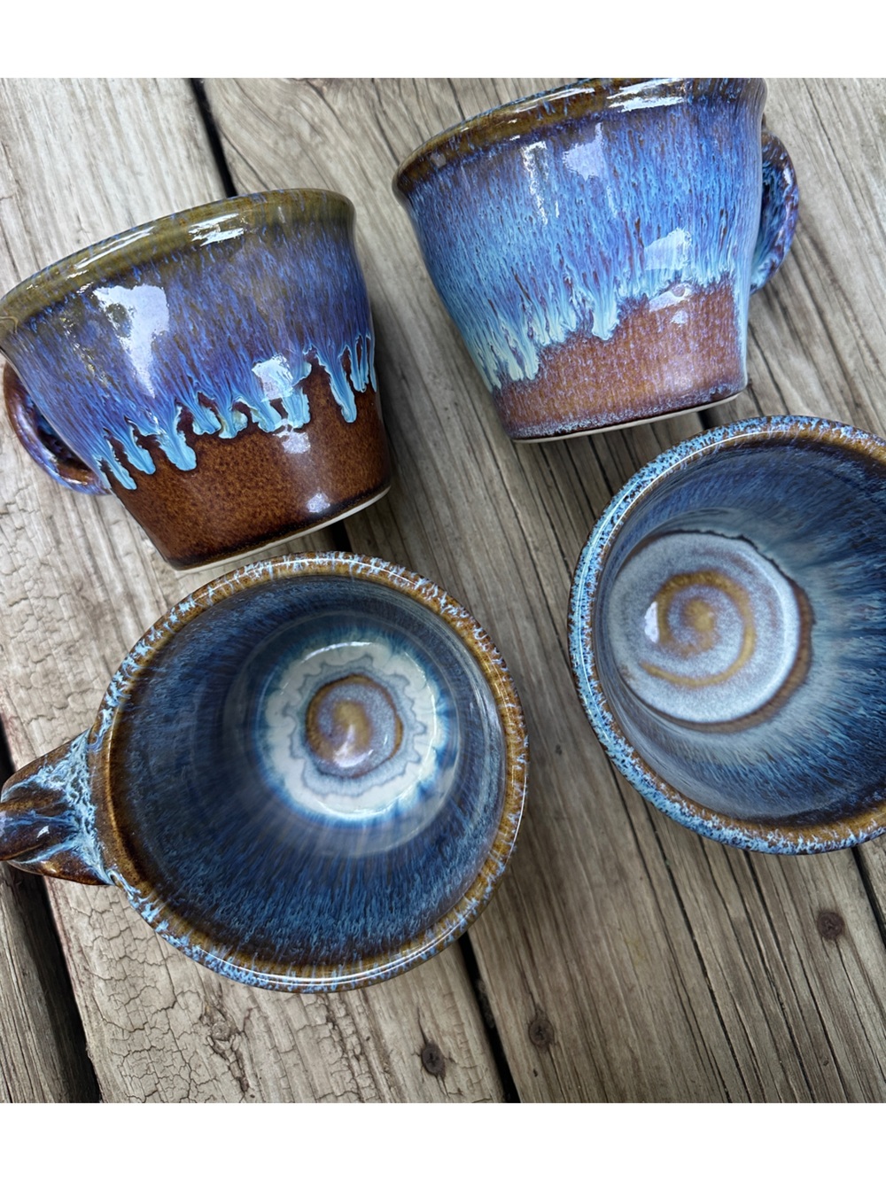 Set of 4 Handmade Ceramic Mugs with brown and blue glaze drip effect - Picture 6 of 7